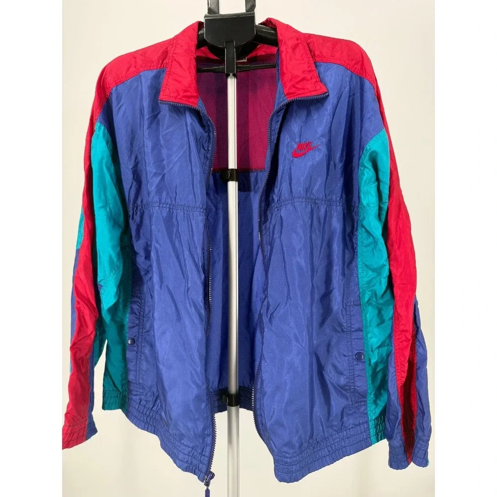VTG 90's Nike Colorblock Windbreaker Jacket Red‎ Teal Full Zip Mens L Red Swoosh